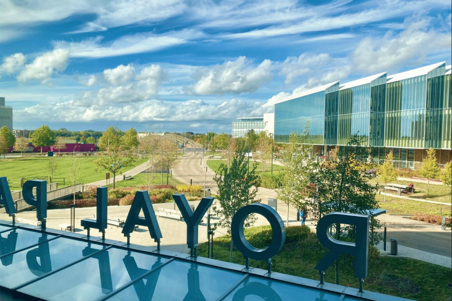 Letters spell Royal Papworth in the foreground. Looking at window, there are trees, a busway and grassy areas. 